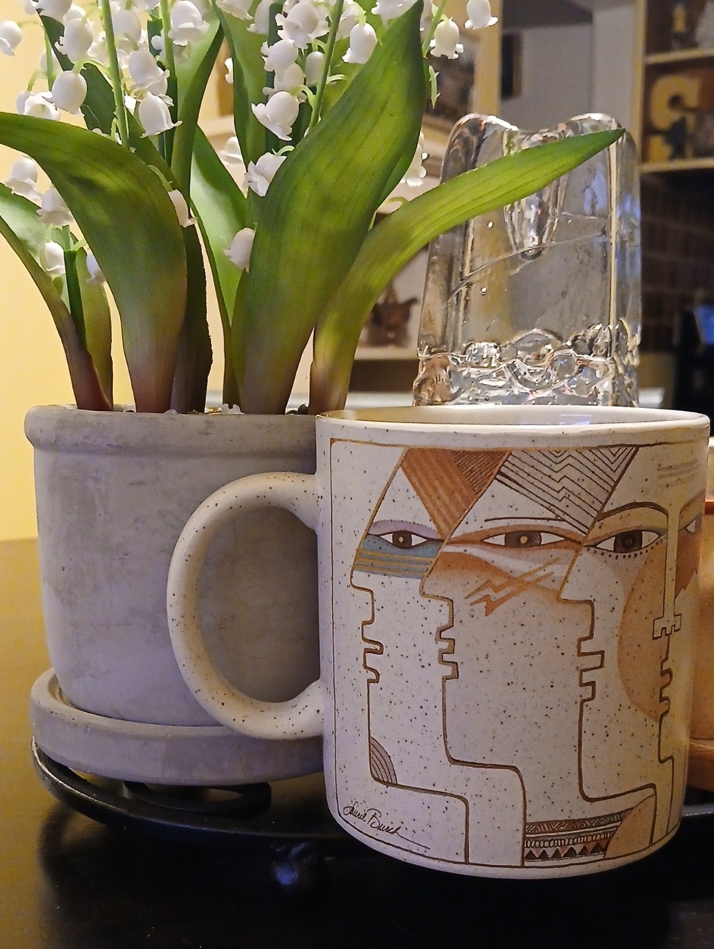 Handcrafted Ceramic Mug with Abstract Face Motif in Beige - Signed Design